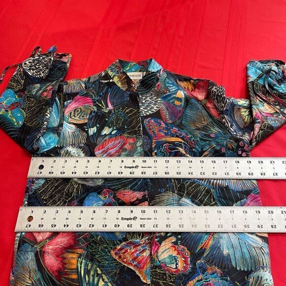Chico's Bold Butterfly Print Open 3/4 Tie Sleeve 100% Silk Jacket Sz 0 US Small - Picture 9 of 13